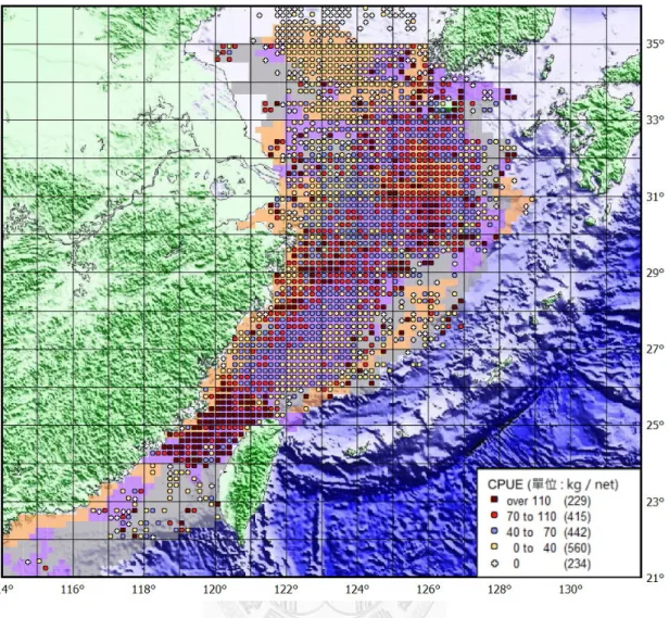 圖 3-9. 1974-1989 年間、中國陸棚臺灣單船拖網作業、白帶魚 9-2 月平均單位努力 漁獲量分布圖 