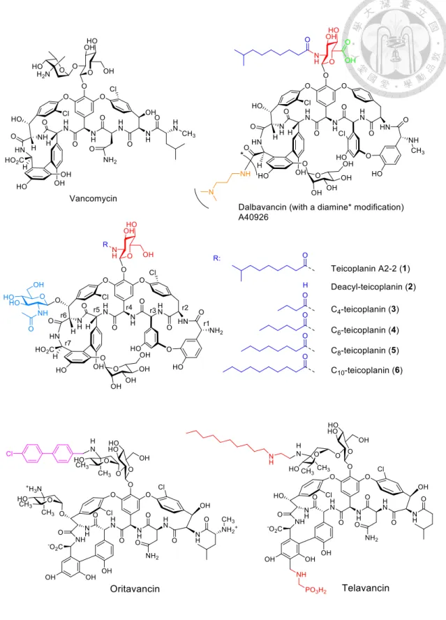 Figure 1. Structures of relevant glycopeptide antibiotics. 