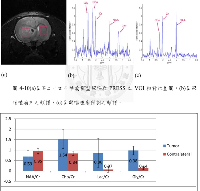 圖 4-10(a)為第二十四天腫瘤模型鼠腦與 PRESS 之 VOI 相對位置圖，(b)為鼠 腦腫瘤內之頻譜，(c)為鼠腦腫瘤對側之頻譜。  表 4-5  圖九腫瘤模型鼠腦在腫瘤側及對側之 NAA/Cr、Cho/Cr、Lac/Cr、Gly/Cr 定 量分析。 0.691.540.86 0.980.950.840.07 0.14‐0.500.511.522.5