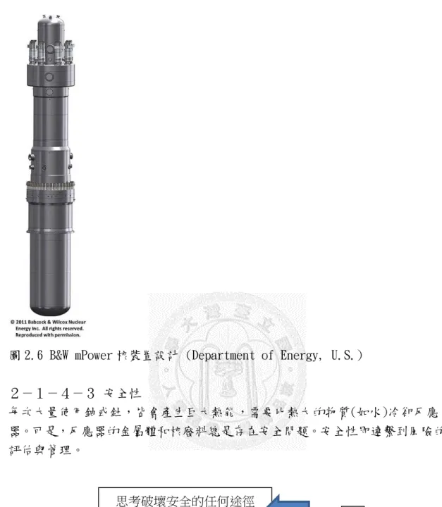 圖 2.6 B&amp;W mPower 核裝置設計 (Department of Energy, U.S.)  ２－１－４－３ 安全性  每次大量使用鈾或釷，皆會產生巨大熱能，需要比熱大的物質(如水)冷卻反應 器。可是，反應器的金屬體和核廢料總是存在安全問題。安全性即連繫到風險的 評估與管理。  思考破壞安全的任何途徑  決定可能性而非機率  P=   ;  不是 P= [0, 1]  如果確定了可能性 p=1  便阻 止其必要條件(一個)到充分 條件(多個)     科技革 新 