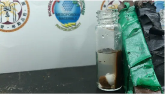 圖 3.2 利用磁鐵分離磁性催化劑以及溶液 