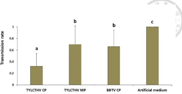 Figure  5.  Transmission  rate  of  TYLCTHV  after  Bemisia  tabaci  feeding  recombinant viral proteins and the virus sequentially