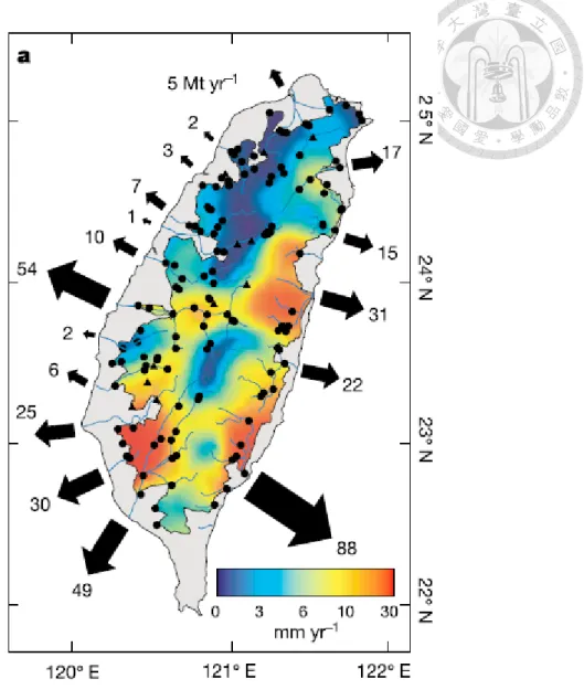 圖 1-2、台灣現今河川懸浮顆粒輸出通量  (Dadson et al., 2003) 