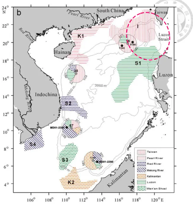 圖 1-4、南海沉積物分佈來源  (Liu et al., 2013) 