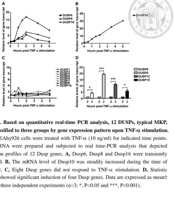 Figure 4. Based on quantitative real-time PCR analysis, 12 DUSPs, typical MKP,  were classified to three groups by gene expression pattern upon TNF-D D stimulation.