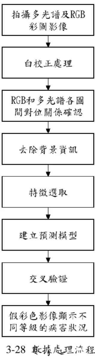 圖  3-28  數據處理流程圖  3.4.1 多光譜資料拍攝流程  目前開發程式的系統是使用 Windows 作業系統，並利用 Qt 當作程式開發平 台，撰寫的語言為 C++。因為硬體的架設是建立在相機跟待測物的距離基本上保 持一定的條件下，因此四個相機所拍攝到的畫面彼此的相對位置將會保持一致。礙 於拍攝待測物時，濾鏡的效果會使得各葉片的特徵點變得不明顯，以導致此時尋找 特徵點來接合圖片時，會有很高失敗率。  在預備實驗中我們先把濾鏡取下，使用四個微型攝影機各拍攝一張參考圖片 如圖  3-30 (a)，實