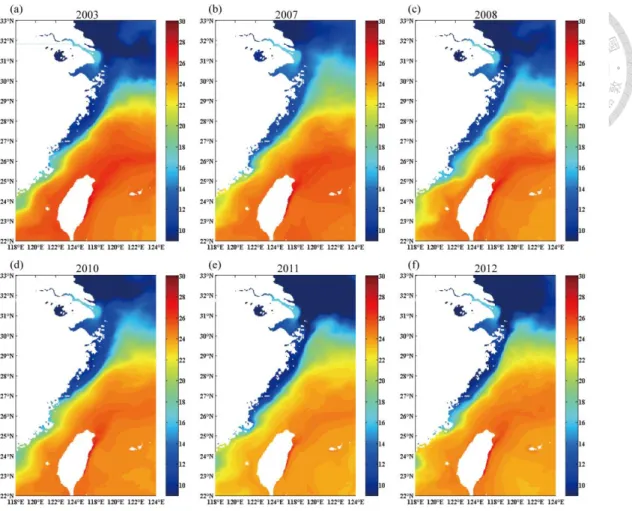 Figure  5.  Sea  surface  temperature  (averaged  from  1  to  5  m)  in  the  East  China  Sea  averaged from January to February for (a) 2003, strong El Niño, (b) 2007, moderate  El Niño, (c) 2008, strong La Niña, (d) 2010, strong El Niño, (e) 2011, stro
