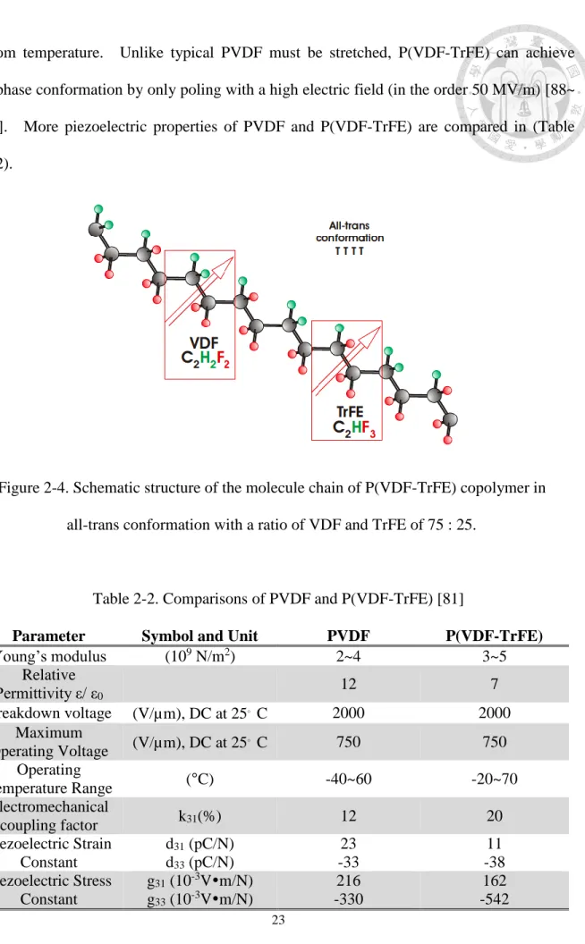 Figure 2-4. Schematic structure of the molecule chain of P(VDF-TrFE) copolymer in  all-trans conformation with a ratio of VDF and TrFE of 75 : 25