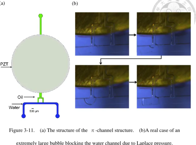 Figure 3-11.    (a) The structure of the  π-channel structure.    (b)A real case of an  extremely large bubble blocking the water channel due to Laplace pressure