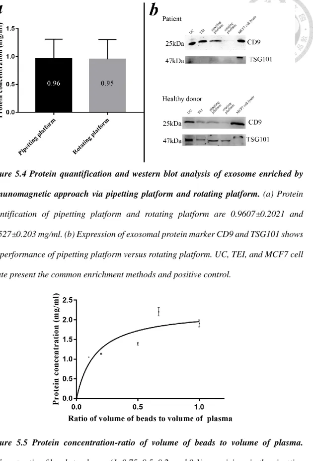 Figure  5.4  Protein  quantification  and  western  blot  analysis  of  exosome  enriched  by  immunomagnetic  approach  via  pipetting  platform  and  rotating  platform