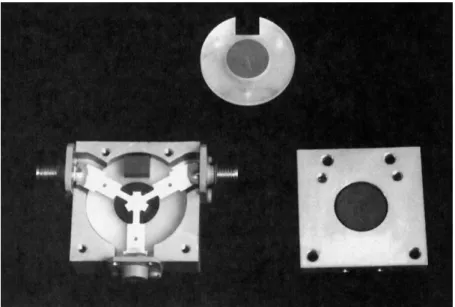 Fig. 2.6. Photograph of a disassembled ferrite junction circulator, showing the stripline  conductor, the ferrite disks, and the bias magnet