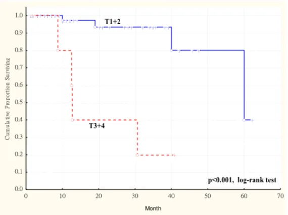 Figure 1. 3 Kaplan-Meier survival curve showing relation between AKR1B10 expression  in primary tumors and survival in 77 patients with oral squamous cell carcinoma (OSCC)