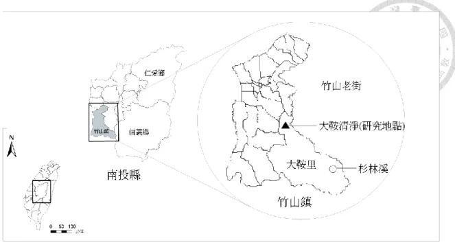 圖 3-2  研究地點行政區域圖。資料來源：本研究由內政部國土測繪中心資料所製  二、研究對象  研究者由報名參加「2018 大鞍社區森林益康體驗研習會」之參與者中，招募有意參與 本研究計畫的受試者。受試者需符合願意全程配合實驗流程及配合施測，並遵守施測的相關 規定，研究同意書請參閱附錄三。此外，本研究另給予參與施測之受試者超商禮卷乙張。  三、活動內容  本研究之森林療癒活動名稱為： 「2018 大鞍社區森林益康體驗研習會」 ，活動時間為 2018 年 3 月 15 上午 11:30 至 3 月 17 日