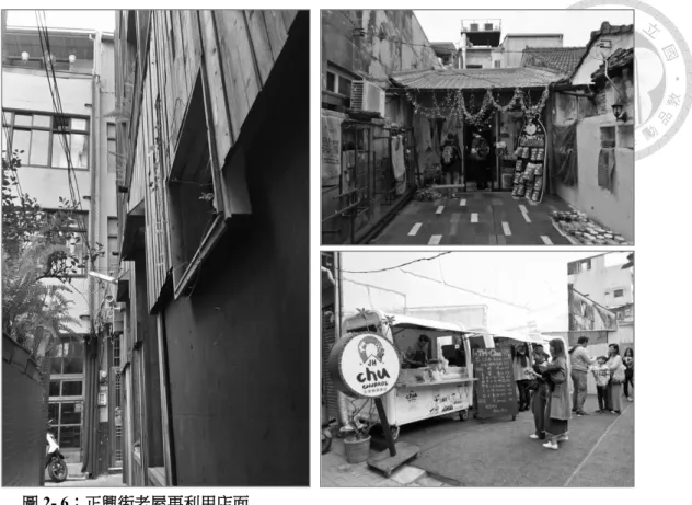 圖 2- 6：正興街老屋再利用店面  左-青年旅舍；右上-正興街手作商品店；右下-正興街吉拿棒專賣店  資筆者自攝 這類老屋再利用，不單是為舊城區注入了新的生活元素，多多少少也帶起 了一些都市再生的效能。相對起 1990 年代以前的台南，現今台南人口對於生活 產業、休閒產業的需求日益加增，如受訪者所言， 『台南人是懂生活的人，台南 自古以來，這城市發展到現在已經六代了…因為台南人從小就是，一代懂吃、二 代懂穿、三代懂生活，更何況台南已經到第六代了』（訪問 C-HUB 產業長， 2017/11/12）。如上圖