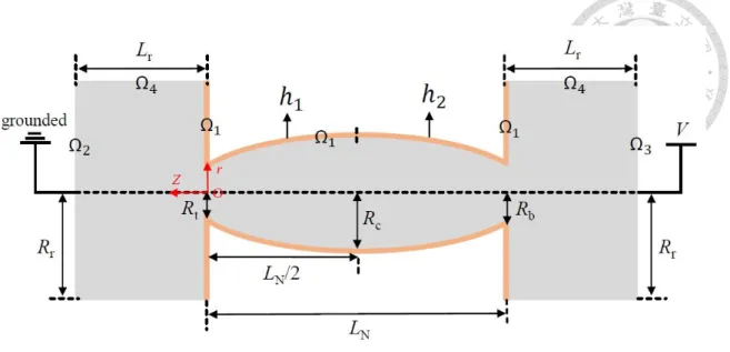 Figure 2-1. Schematic representation of the cigar-like nanochannel considered. r, θ, z, are the 