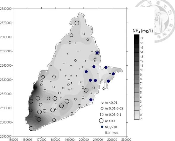 Fig. 1. Distribution of As, NH 4 +  and NO 3 -  in groundwater of Choushui river alluvial fan