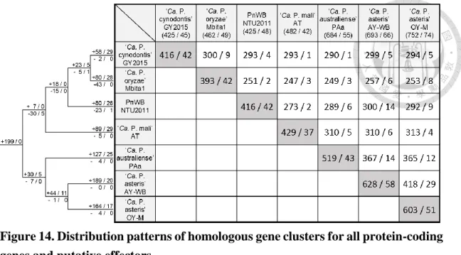 Figure 14. Distribution patterns of homologous gene clusters for all protein-coding  genes and putative effectors