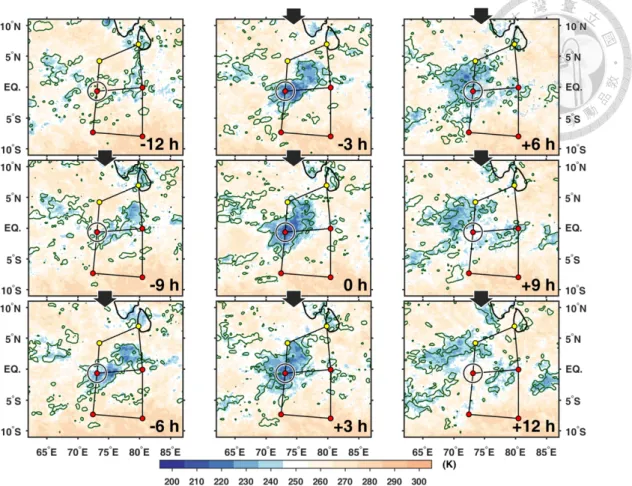 Figure 4.3.  Composite  IRBT  (colored)  and  TRMM  rain  rate  (green  contours  for  1  mm/hr) horizontal distributions of the quasi-2-day convective events