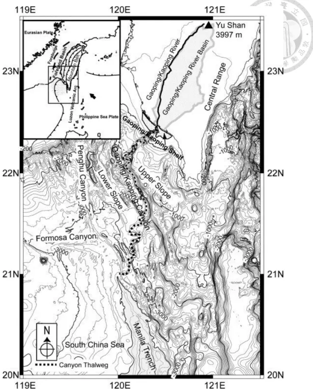 Figure 1-2  The  sediment  dispersal  system  off  southwestern  Taiwan,  consisting  of  the  Gaoping  River  (GPR),  the  Gaoping  Shelf,  the  Gaoping  Slope,  and  the  Gaoping  Submarine Canyon (GPSC) (Yu et al., 2009)