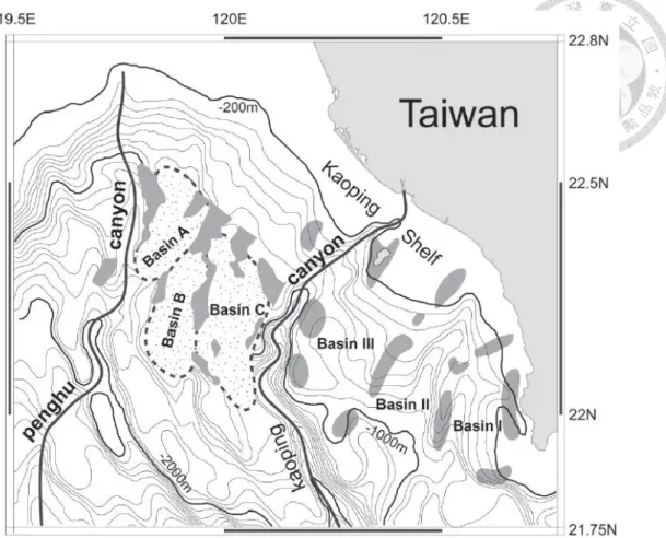 Figure 1-3  The intraslope basins distributed (determined by seismic profiles) on the  Gaoping Slope which are separated by the mud diapiric ridges (Yu &amp; Huang , 2006)