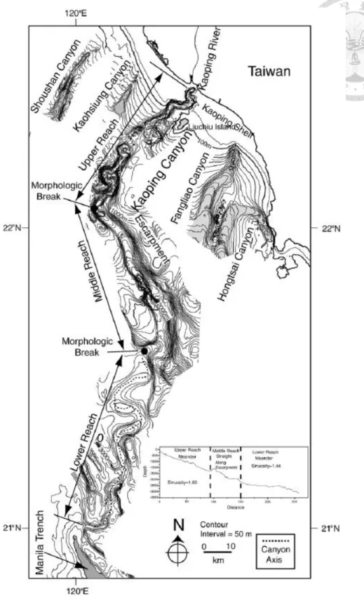 Figure 1-4  The  Gaoping  (formerly  spelled  “Kaoping")  Submarine  Canyon  has  two  morphologic breaks that separate it into three distinct segments, including upper reach,  a middle reach and lower reach (Chiang &amp; Yu, 2006)