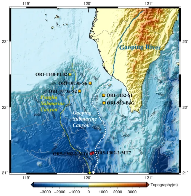 Figure 2-1  Study  area  and  sampling  sites.  The  collected  sediment  cores  are  from  three  different  geographic  locations:  (I)  Gaoping  Slope  (S2,  S6,  S1  and  B4G,  yellow  square  in  the  map),  (II)  Deep  Sea  (MT6  and  MT7,  red  squa