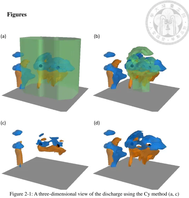 Figure 2-1: A three-dimensional view of the discharge using the Cy method (a, c)  and the RL method (b, d)