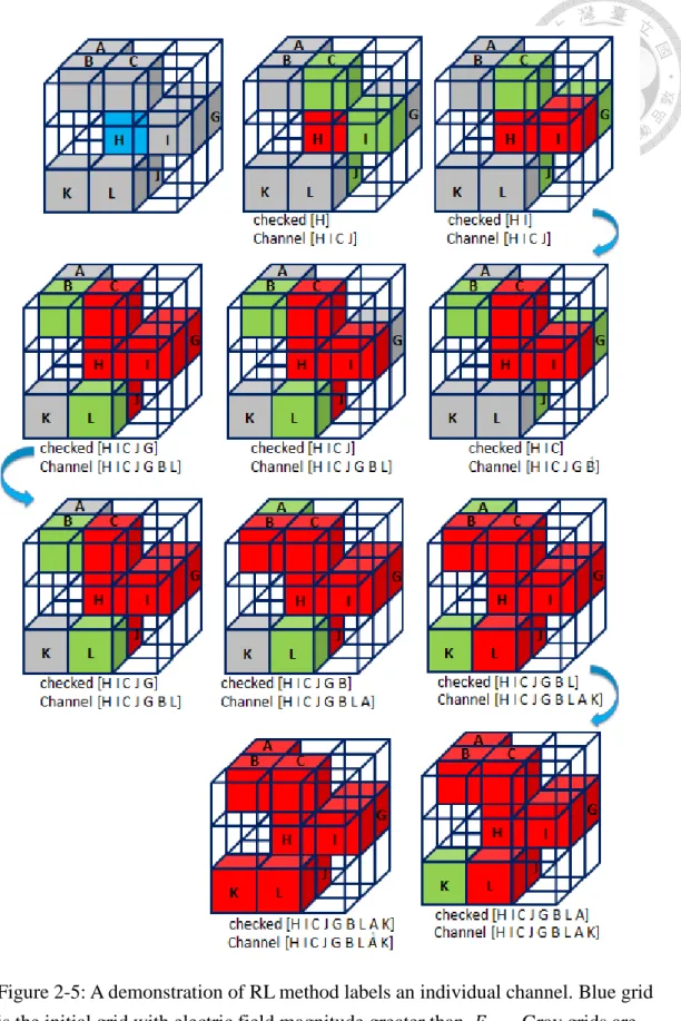 Figure 2-5: A demonstration of RL method labels an individual channel. Blue grid  is the initial grid with electric field magnitude greater than  