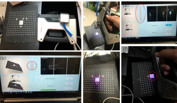 Fig. 3.1.2 (a) 3D Camera-EinScan-Pro 3D camera and the  calibration plate. (b) The operation window with  calibration step 1