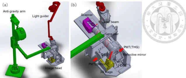 Fig. 3.3.2 (a) The mechanical structure of the optical harmonic generation microscopy system