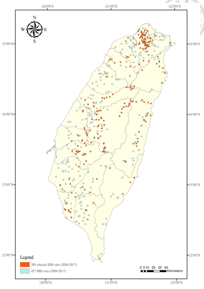 Figure 2 Distribution of selected 204 BBS sites (orange-colored) across Taiwan island  from the original of 457 BBS sites from 2009 to 2017 