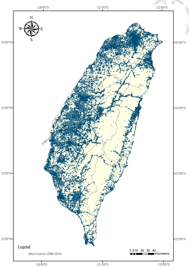 Figure 3 Distribution of eBird checklists reported locations across Taiwan. A total of  2591 locations were reported from 2008 to 2018