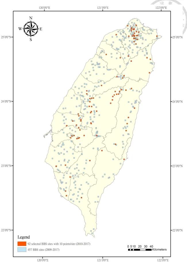 Figure 4 Distribution of selected 92 BBS sites with criteria of 10 points/site from 2010  to 2017 across Taiwan from the original of 457 BBS sites 