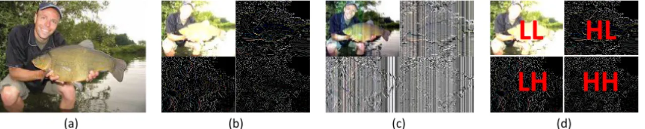 Figure 4: Wavelet transform result. (a) Original image (b) the result of the  image after  wavelet transformation (c) the result of the image after the wavelet transformation and  then processed by the MinMaxScaler function (d) frequency band position of t