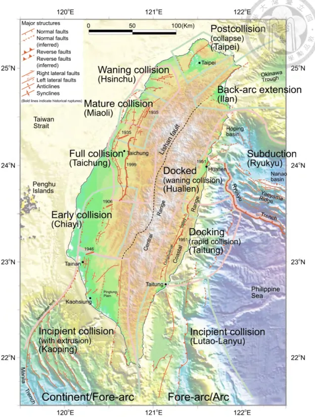 Figure  2  The  map  of  the  major  active  faults  and  folds  of  Taiwan.  There  are  seven  domains along the western belt and four along the eastern, each domain is defined by  the distinctive active structures (Shyu, 2005)
