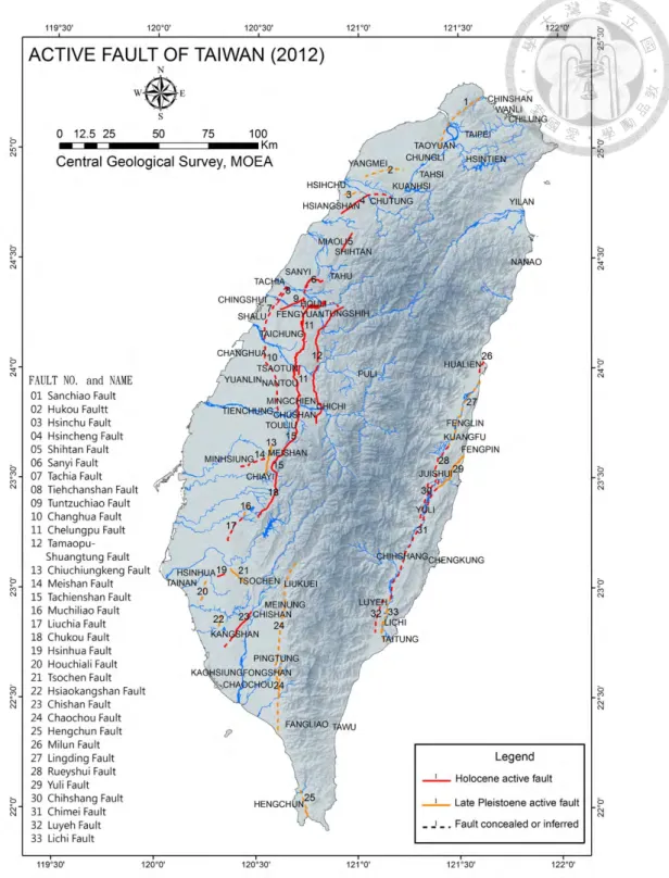 Figure 3 The active fault map of Taiwan which announced by Central Geological  Survey (CGS)