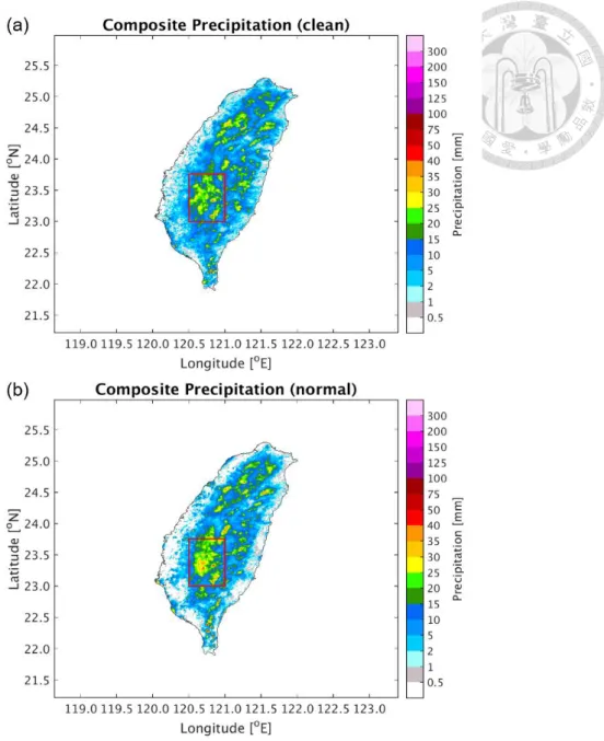 Figure 3. The composite precipitation of all 13 cases under (a) the clean scenario and  (b) the normal scenario on Taiwan Island