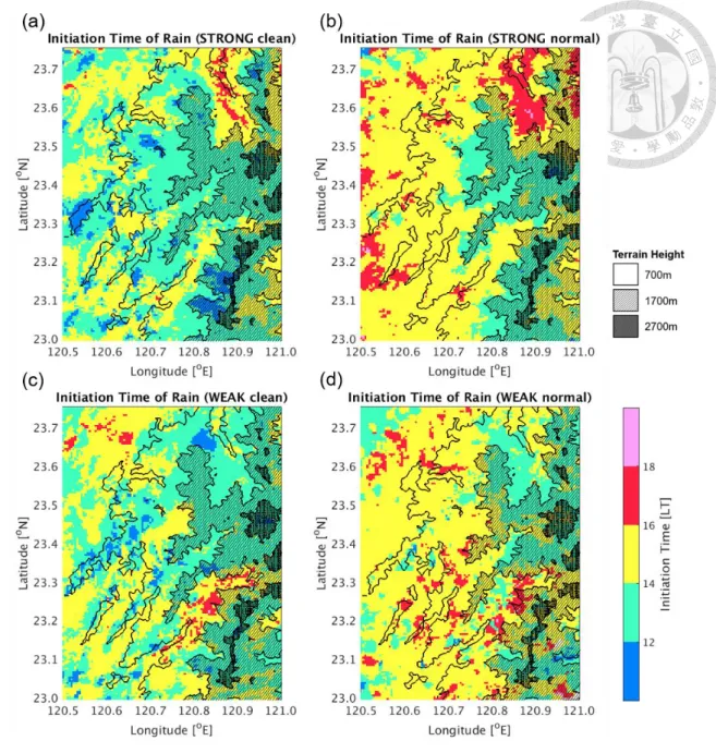 Figure 7. The composite initiation time of precipitation in the Alishan Mountain Range  region  for  (a)  STRONG/clean,  (b)  STRONG/normal,  (c)  WEAK/clean,  and  (d)  WEAK/normal situations