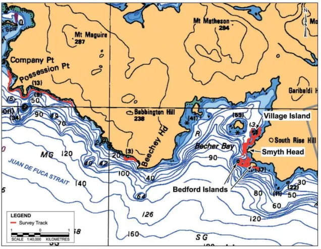 圖 3- 9：Becher Bay 位置及水深分布圖。(Moore and Mason, 2012)    紅線為調查船航線。 