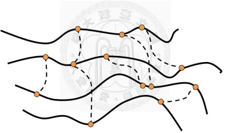 Fig. 2-13  高分子交聯示意圖：粗實線為高分子，虛線為交聯分子，圓 形部位為交聯點 