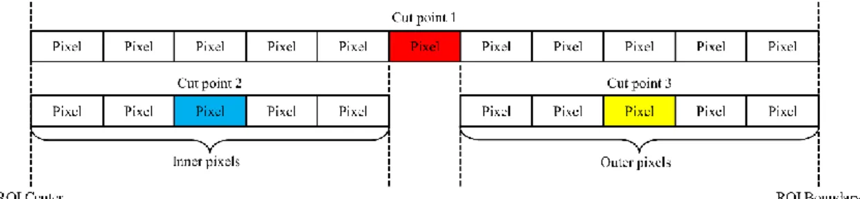 Fig. 3-3. The radial line was grown from the center of the ROI and then three cut points  were searched on each radial line by Variance-Reduction statistic