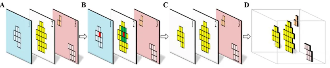 Fig. 4-4. 3D merge. (A) Tumor candidates from 2D phase were marked in different colors