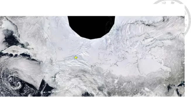 Figure 7. MODIS image on Mar 04, 2008. Star represents Barrow observation site. 