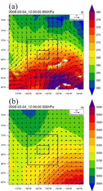 Figure 9. Distributions of (a) potential temperature at 850 hPa, and (b) height at 500 hPa  in domain 1 in the dust run