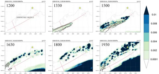 Figure 11. Time series of horizontal distributions of ice (shading) and cloud liquid content  (contour: 0.0001~0.01 g m -3 ) in domain 3 at 800 hPa on Mar 04, 2008 in the soot run