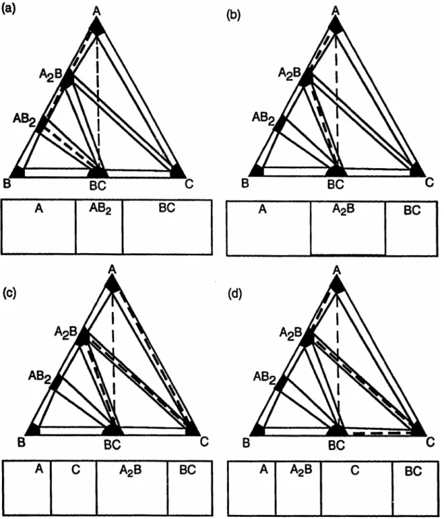 Fig. 2.7 Four assumed diffusion paths with the simple layered structure for diffusion  couple A/BC