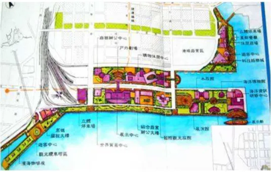 圖 2-2-2  「特定文化休閒專用區」規劃使用內容（來源：高雄港務局） 圖 2-2-3  「特定文化休閒專用區」規劃使用內容（續）（來源：高雄港務局）        1999 年後「多功能經貿園區」在整體開發停滯、計劃延宕， 「特定倉儲轉運 區」 （簡稱特倉區）開發商合鑫公司倒閉，2005 年「軟體科學園區」由國城接手， 除 2006 年「特定經貿核心專用區」（簡稱特貿區）有幾家大型購物中心進駐外 （TESCO、家樂福、IKEA、統一夢時代購物中心） ，開發相當緩慢。所以「特定 文化休閒專用區」直到 20