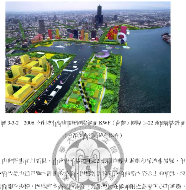 圖 3-3-2    2006 水岸城市高峰論壇國際競圖 KWF（荷蘭）團隊 1~22 號碼頭設計圖  （來源：高雄市綠色協會）          由此計畫可以看見，市政府希望把 1~22 碼頭往觀光遊憩和房地產發展，但 市政府也無力進行龐大計畫的招商，因為如果沒有政府的強大資金上的補助，沒 有廠商想來投標，因為許多高雄的建商，雖然也對在碼頭附近蓋豪宅很有興趣， 例如陳哲男也在附近買好地，但因市政府目前無力將碼頭整體開發起來，故許多 建商仍在觀看，且高雄市愛河沿線，只要有河堤公園的社區，也在推建案，更不 用