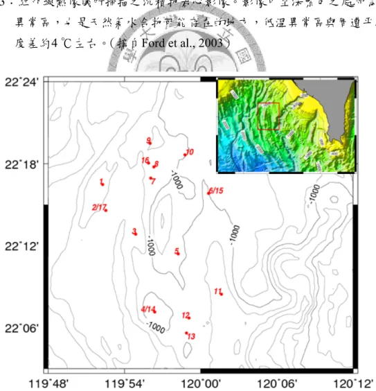 圖 1-4：利用「海研一號」902B航次在臺灣西南海域搜集了17個地熱測站的位置。