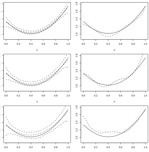 Figure 7: Estimates of the functional parameter in the Weibull example. Left panel: